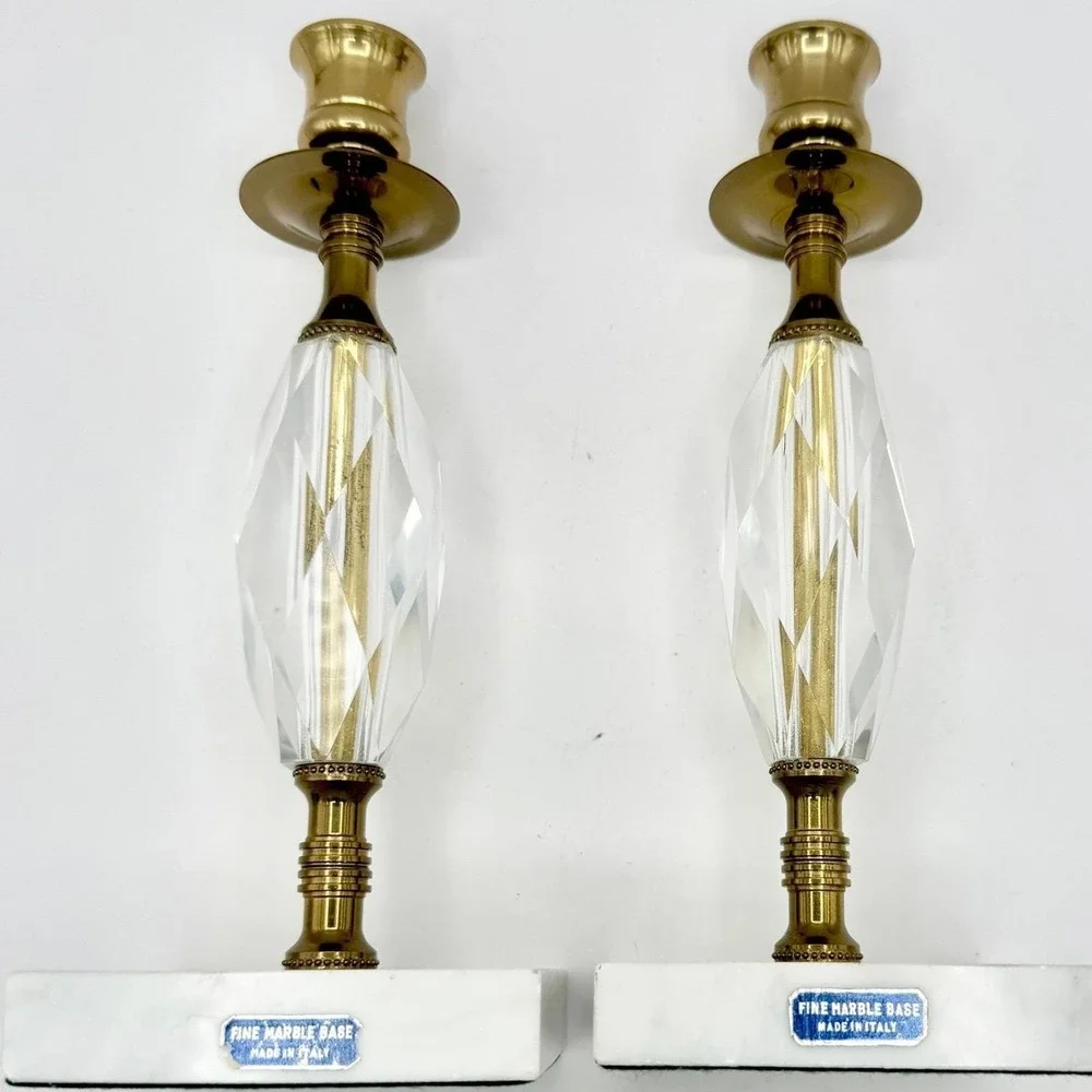 Vintage Marble, Crystal, Brass Italian Candlesticks Italy 10.5